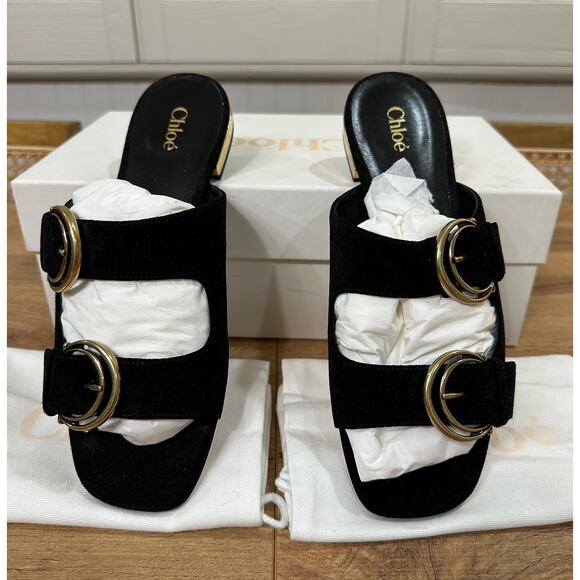 Chloé Alizè Flat Sandals Slides Black Suede Size 8 US 38 EU NIB Gold Buckles - Picture 5 of 16